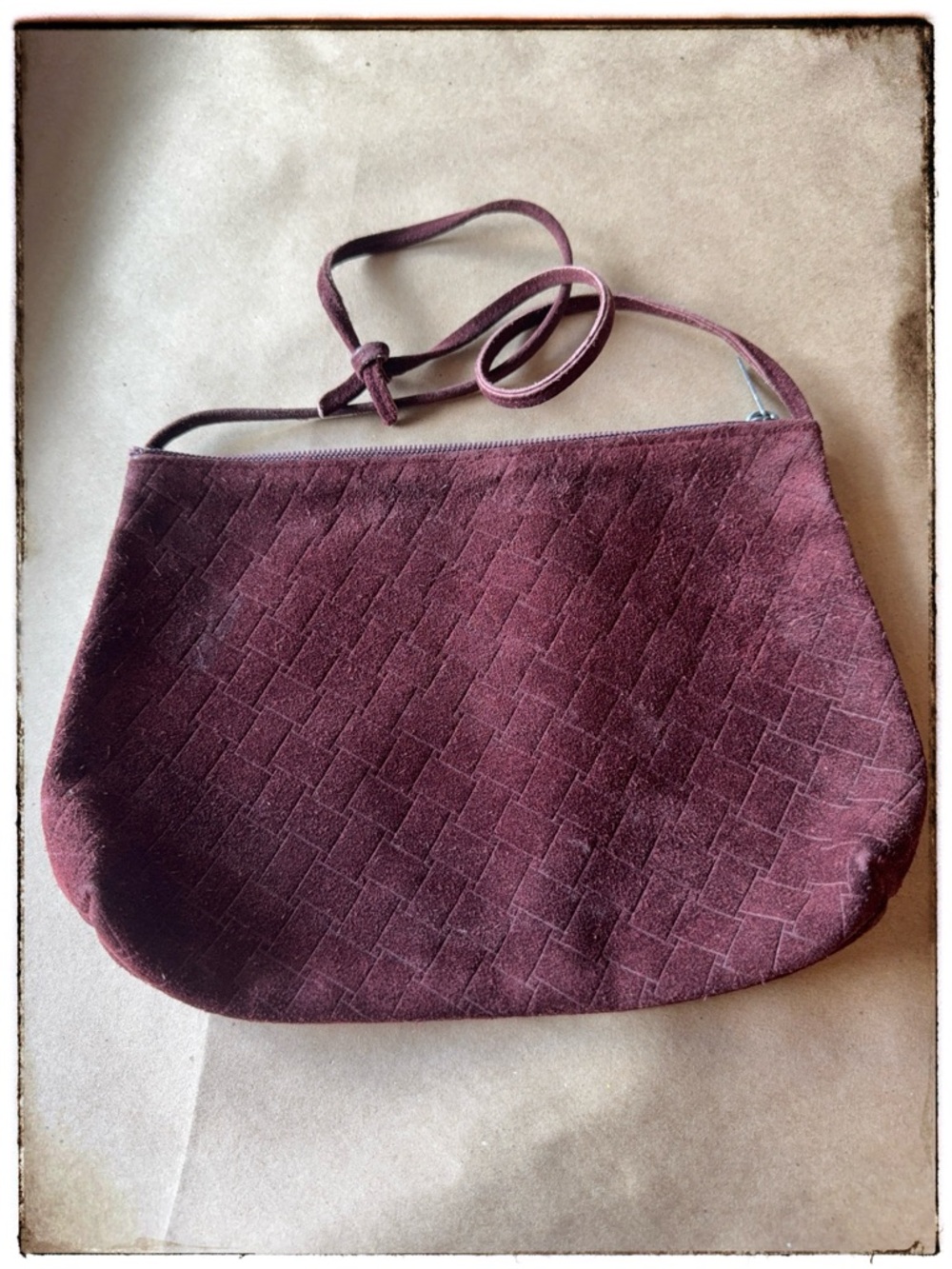 Burgundy Suede Shoulder Bag Woven Texture Baguette Minimalist Vintage Style